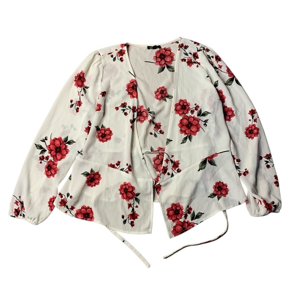 Dynamite Floral Wrap Tie Blouse Ivory Red Peplum M
